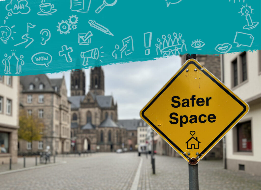 Schild mit Safer Space im Hintergrund Aachener Kulisse